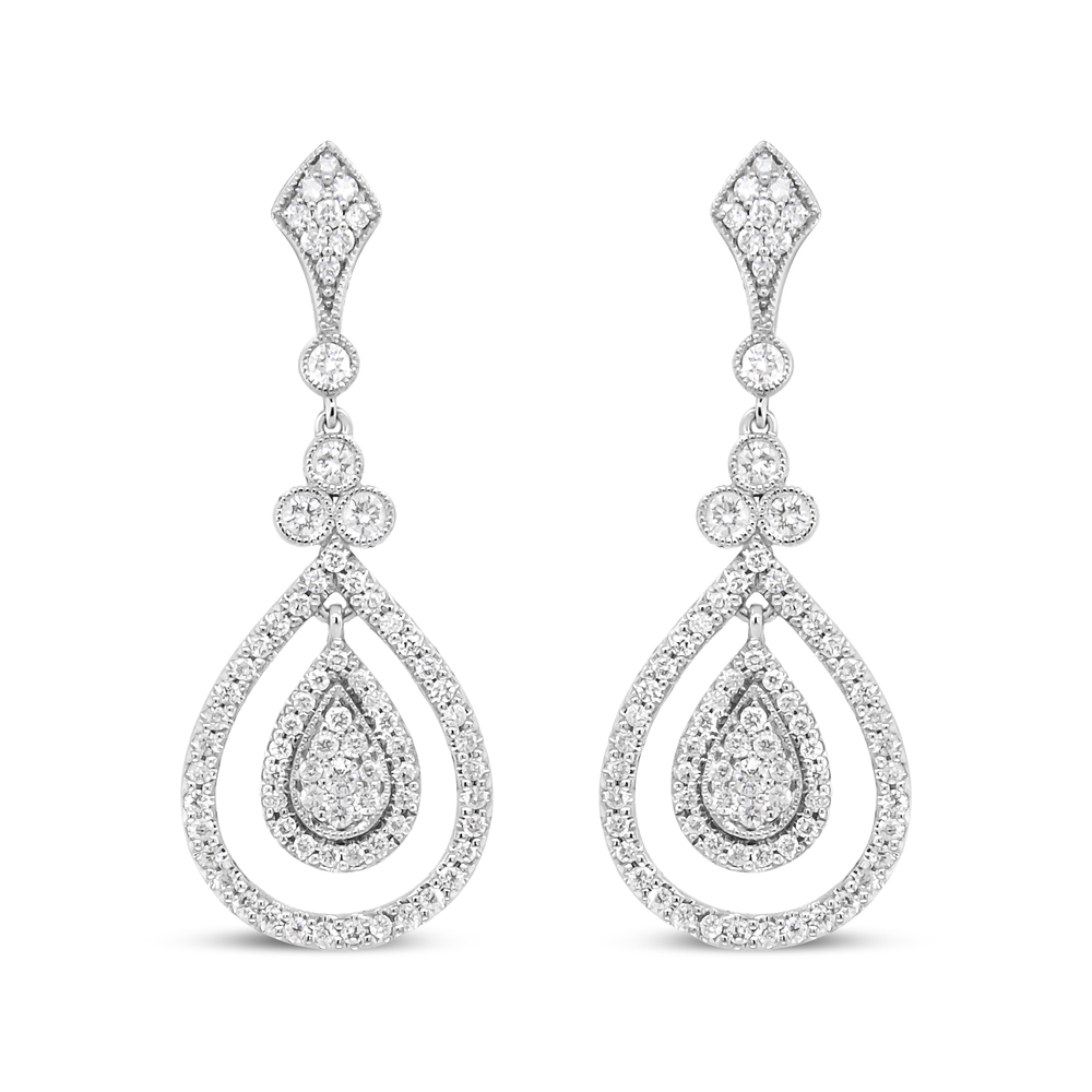 18K White Gold 1 1/4 Cttw Round Diamond Openwork Teardrop-Shaped Dangle Earrings